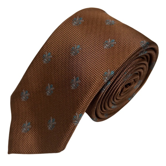 BKLYN Brown Turquoise Silk Fleur de Lis Skinny Tie Necktie - Picture 1 of 5